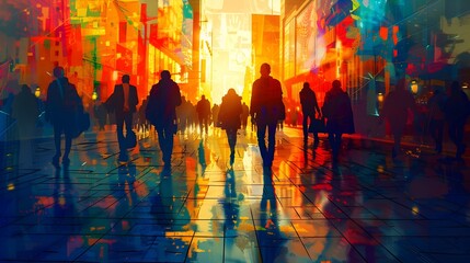 Vibrant Abstract Illustration of People Walking in the City, To add a modern and dynamic feel to design projects, showcasing a bustling urban scene