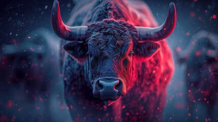 A close up of herd of bulls on snowy dark blue background with red neon light on bull face