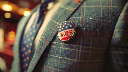 Close up of VOTE button with American symbols on men's jacket with blurred indoor background. Male voter. Concept of elections, personal voter expression, political awareness, active citizenship - obrazy, fototapety, plakaty