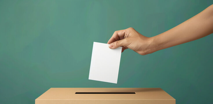 Female Hand placing a ballot into voting box. Voter. Caucasian woman voting. Isolated on green background. Concept of democracy, presidential elections, freedom, political process. Banner. Copy space