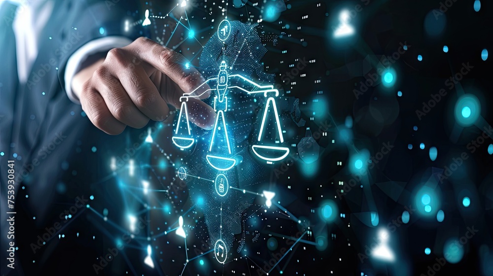 Wall mural Legal Technology, Businessman Touch The Legaltech Icon On The Global Network Structure. Innovations Secure Legal Aspects Of Business In The Era Of Global Connected Legaltech Solutions - Wall murals