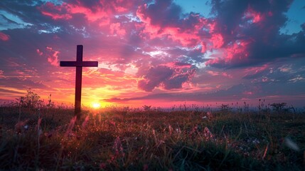 Silhouette of a cross with the rising sun painting the sky in vibrant hues. Easter morning. Wooden cross in a field at sunrise. Concept of Easter, hope, resurrection celebration, and faith renewal - obrazy, fototapety, plakaty