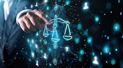 Legal Technology, Businessman Touch The Legaltech Icon On The Global Network Structure. Innovations Secure Legal Aspects Of Business In The Era Of Global Connected Legaltech Solutions - obrazy, fototapety, plakaty