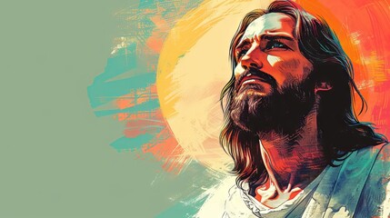 Jesus Christ with radiant halo on light background. Biblical figure. Savior Jesus Christ. Concept of faith, spirituality, Easter, divinity, Christian beliefs, resurrection. Art. Banner with copy space - obrazy, fototapety, plakaty