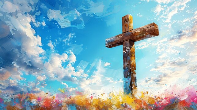 Watercolor illustration of wooden cross against blue sky background. Concept of rebirth, Easter celebration, resurrection, peace, hope, grave, mourning, natural burial, remembrance. Art. Copy space