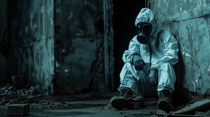 person with anti-radiation suit in an abandoned place alone with little light in high resolution and high quality
