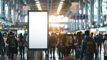 One big vertical / portrait orientation blank billboard on modern white wall with blurred passenger background - AI Generated