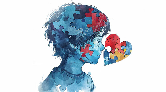 Autism Awareness Day, 2 April, a child sketch with colorful puzzle hiding its face, Autism Spectrum Disorder concept, ASD, Syndrome, Symptoms