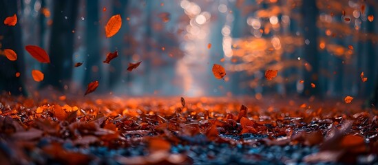 Autumn Forest with Falling Leaves and Bokeh Effect, To convey the beauty and transition of the autumn season through a stunning photograph of falling - obrazy, fototapety, plakaty