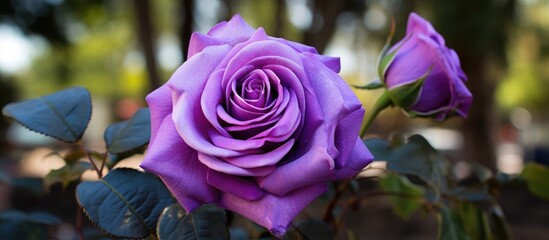 A vibrant purple Alce Rose is in full bloom in a garden, displaying its enchanting beauty to onlookers. The petals are opening up gracefully, showcasing its elegant form.