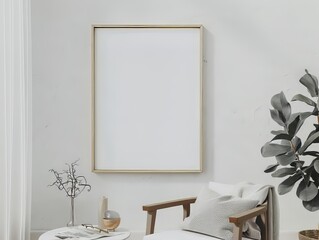 Empty wooden picture frame mockup hanging on beige wall background.
