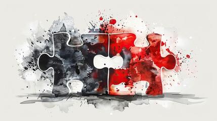 Autism Awareness Day, 2 April, watercolor puzzle in red and black, Autism Spectrum Disorder concept, ASD, Syndrome, Symptoms