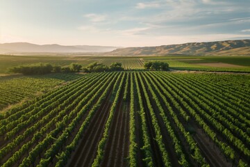 A serene view of sun-kissed vineyards sprawling across rolling hills. - obrazy, fototapety, plakaty