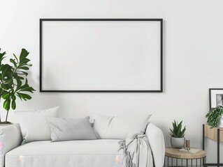 Empty wooden picture frame mockup hanging on white wall background.