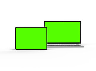 3d render of laptop and tablet with green screen on a light background