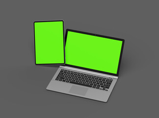 3d render of laptop and tablet with green screen on a dark background