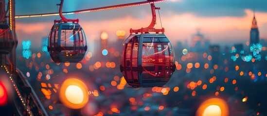 Cable Cars Hanging Above City Lights at Dusk, To convey a sense of adventure and romance in an urban setting, this photograph is perfect for travel - obrazy, fototapety, plakaty