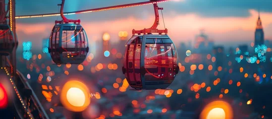 Papier Peint photo Lavable Gondoles Cable Cars Hanging Above City Lights at Dusk, To convey a sense of adventure and romance in an urban setting, this photograph is perfect for travel