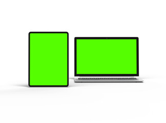 3d render of laptop and tablet with green screen on a transparent background