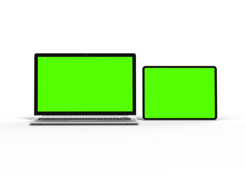 3d render of laptop and tablet with green screen on a transparent background