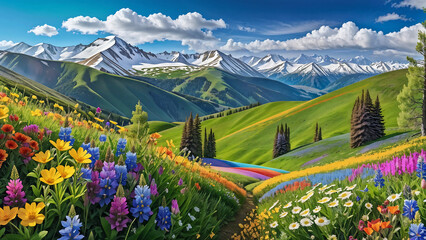 Alpine Meadow: Rolling hills adorned with a tapestry of wildflowers in a rainbow of colors. Snow-capped peaks loom in the distance, providing a stunning backdrop to nature's canvas,Generative AI - obrazy, fototapety, plakaty