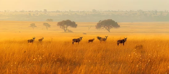Fototapeten African Antelope Herd Grazing in Golden Savannah, To showcase the harmony and beauty of wildlife in their natural habitat, this photograph is perfect © Sittichok