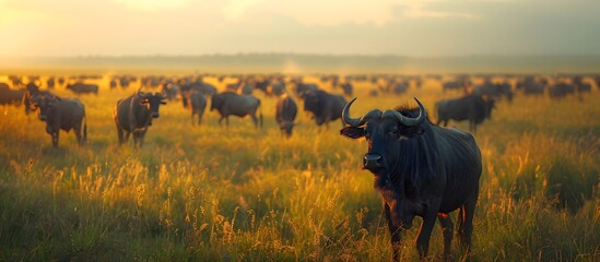 African Savanna A Herd of Wildebeest Grazing at Golden Hour, To showcase the majestic beauty and...
