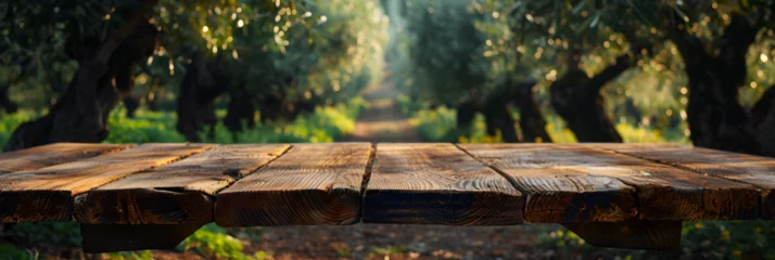 Foto op Plexiglas wooden bridge in the forest, Empty wooden tabletop for products presentation © celrk