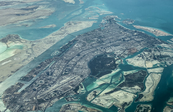 Aerial landscape overview of City of Abu Dhabi, capital of Emirate of Abu Dhabi in UAE, located on a island in the Persian Gulf 