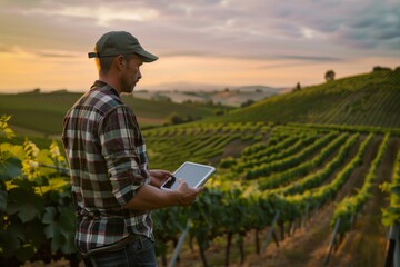 Agronomist Assessing Vineyard Quality with Digital Tablet. 

