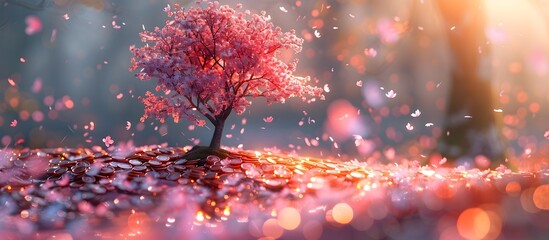 Blossoming Pink Tree with Coins in a Dreamy Fantasy Illustration, This image would be perfect for representing the prosperity philosophy concept or - obrazy, fototapety, plakaty