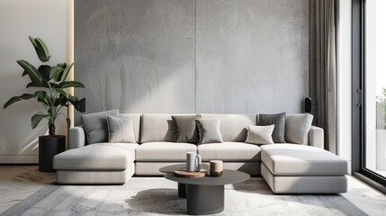 Minimalist Modern Living Room Interior Background, Scandinavian Style, Empty Wall Mockup