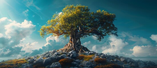 Sturdy Tree of Pension Funds Growing on Rocks in the Sky, To convey a powerful and majestic concept of retirement planning through a sturdy tree with