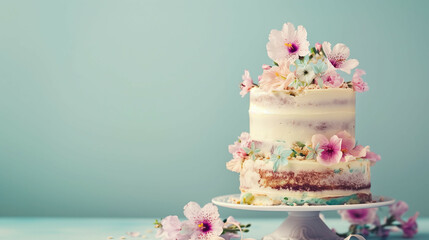 A delicately decorated three-tiered cake with edible flowers on a vintage cake stand, against a turquoise background.