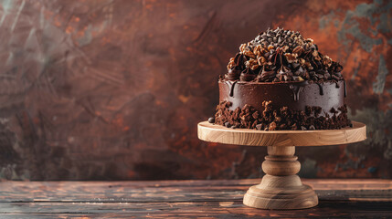 A decadent chocolate cake adorned with nuts and chocolate shavings on a rustic wooden cake stand.