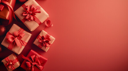 Luxurious red gift boxes with satin bows on a matching red background.