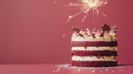 A red velvet cake with cream cheese frosting and festive sparklers on a vibrant red background.