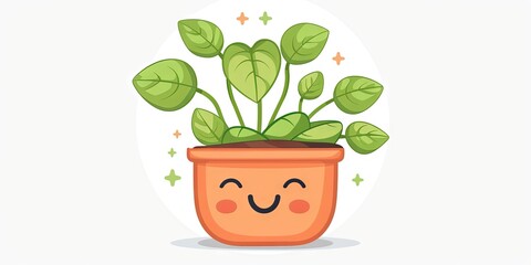 Kawaii adorable illustration of a happy potted plant on white background