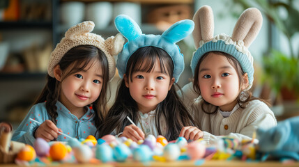 Asian cute kids in bunny ears preparing to Easter in school or kindergarten