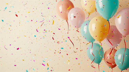 A festive background of pastel-colored balloons with confetti on a cream backdrop.