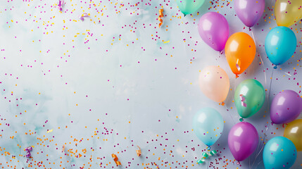 Colorful balloons surrounded by confetti on a light blue textured background.