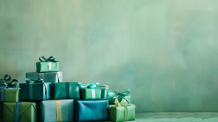 A collection of green and blue gift boxes on a soft green background with copy space.