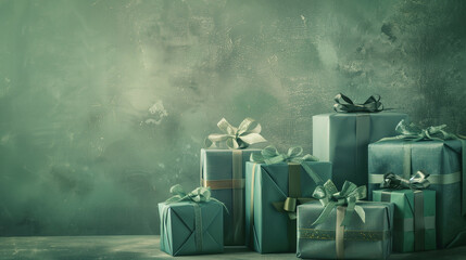 Elegantly wrapped gift boxes with ribbons on a vintage green textured background.