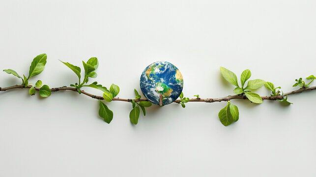 World environment day minimalist tree branch with earth and plant leaves on it , earth day concept. World environment day background. Poster, banner, background with lettering environment day.