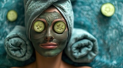 Woman with mud mask, cucumbers on eyes and green towel on her head during spa day for health and...