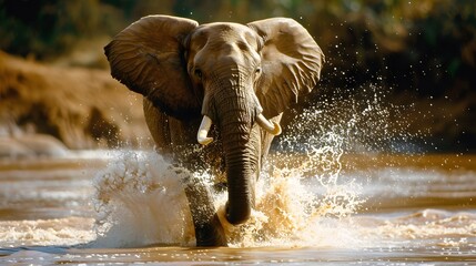 African elephant running through the water in a river in africa during a safari