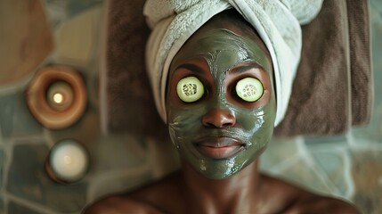 Woman with mud mask, cucumbers on eyes and beige towel on her head during spa day for health and...