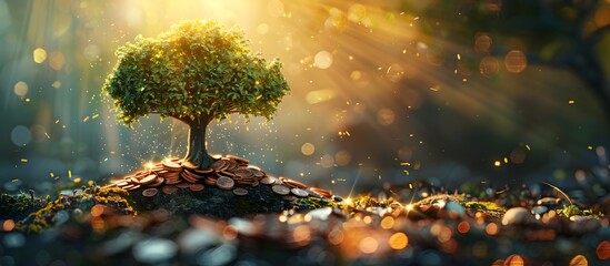 Lush Tree Growing on Coin Pile Amidst Sunlight in Forest - obrazy, fototapety, plakaty