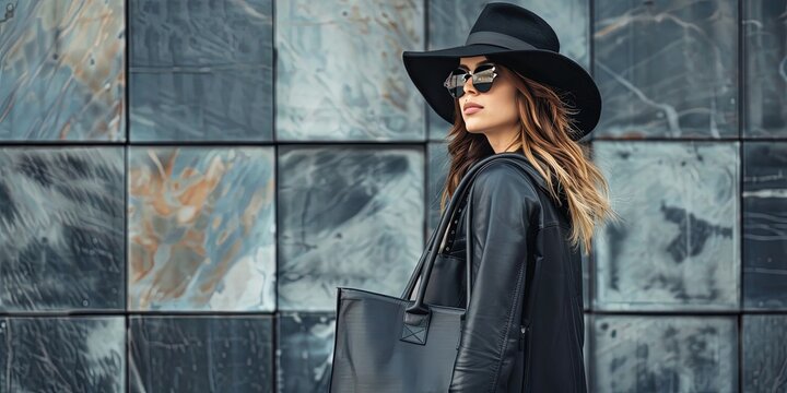 Woman carrying a trendy black bag wearing fashionable clothing - black hat, coat, sunglasses