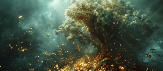 Fototapeta na wymiar Destruction of a Giant Tree of Life with Golden Leaves, To convey an epic moment of destruction and symbolism through a digitally created artwork of